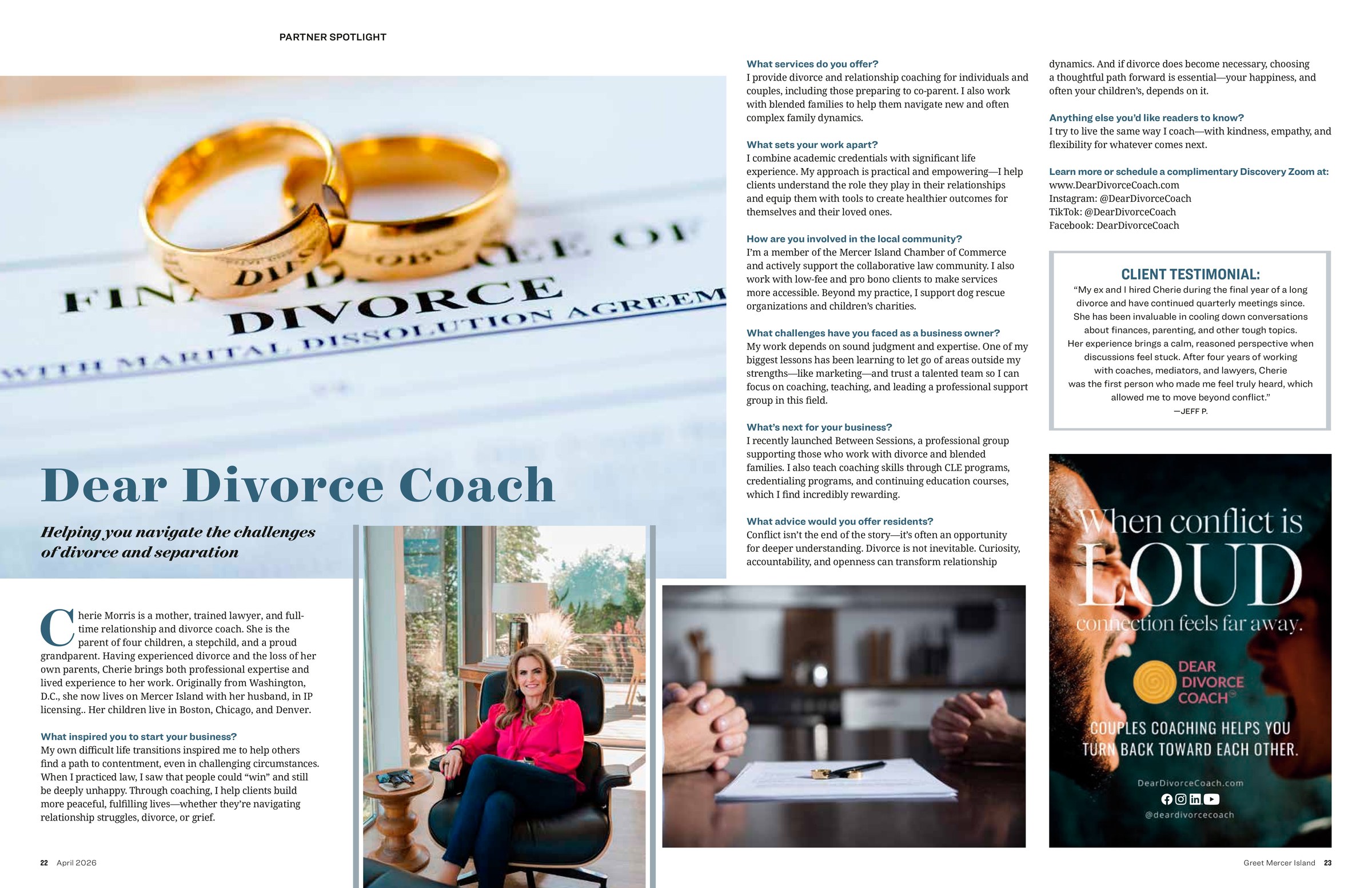 Greet Mercer Island magazine April 2026 Partner Spotlight on Cherie Morris, Dear Divorce Coach